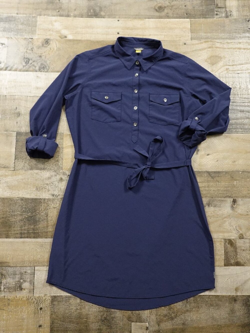 Eddie Bauer Shirt Dress Women's Large Navy Blue Belted Utility Safari Casual